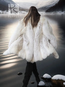 White fox fur coat from back view with voluminous flared hem and wide collar
