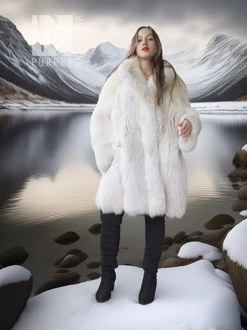 White fox fur coat with voluminous flared hem and plush collar, front view