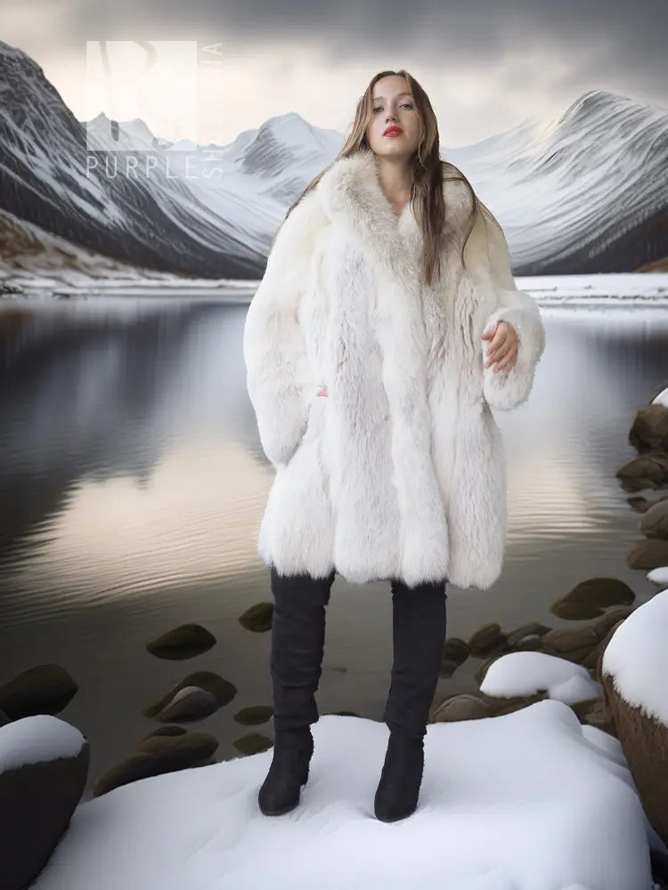 White fox fur coat with voluminous flared hem and plush collar, front view