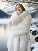 White fox fur coat with plush collar and smooth front, model holding arm close