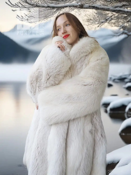 White fox fur coat with plush collar and smooth front, model holding arm close