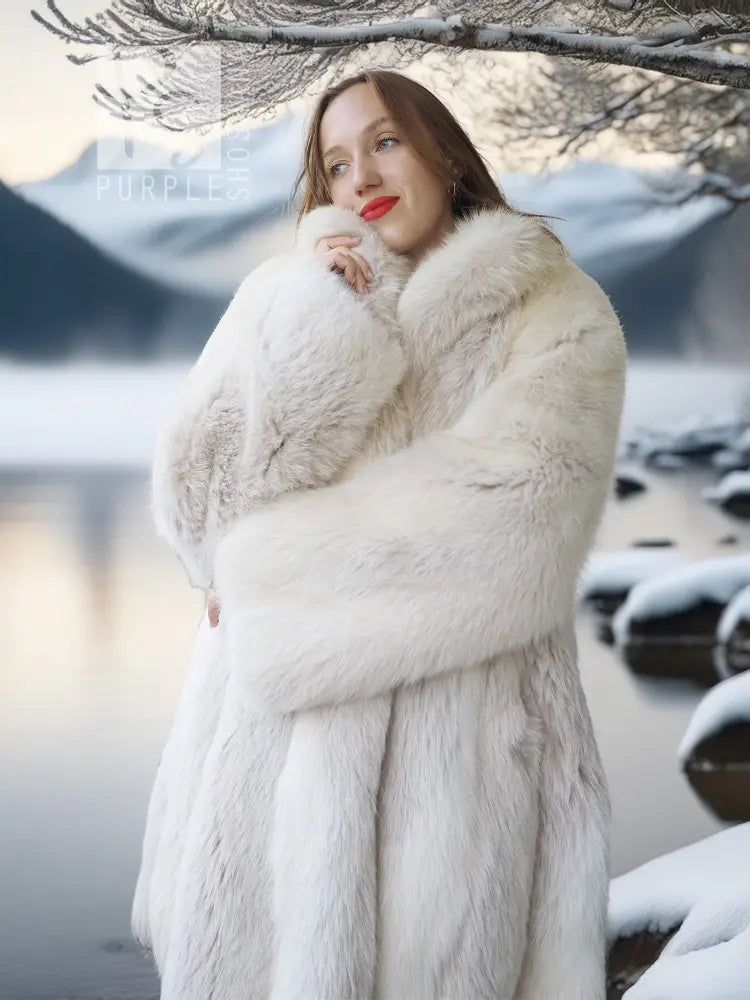 White fox fur coat with plush collar and smooth front, model holding arm close