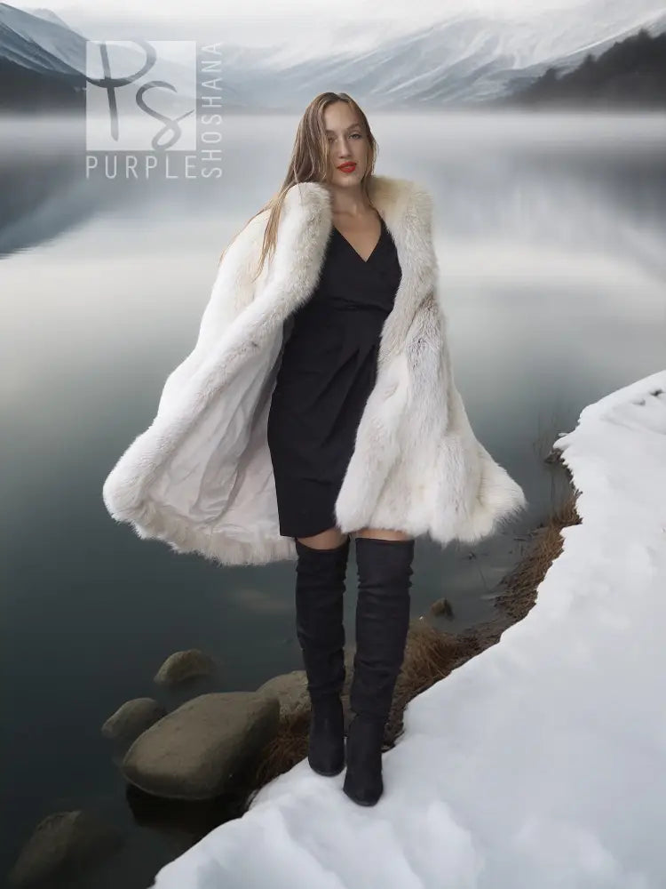 White faux fur fox coat with voluminous open front and soft, layered texture