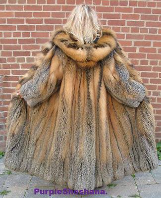 Sensational Hooded Solid Multi Color Cross Fox Canadian Fur Coat 80" Sweep M/L - Purple Shoshana Furs