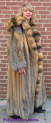 Sensational Hooded Solid Multi Color Cross Fox Canadian Fur Coat 80" Sweep M/L - Purple Shoshana Furs