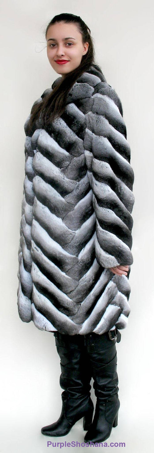 Stunning Black Velvet Genuine Chinchilla Fur Coat S/M - Purple Shoshana Furs