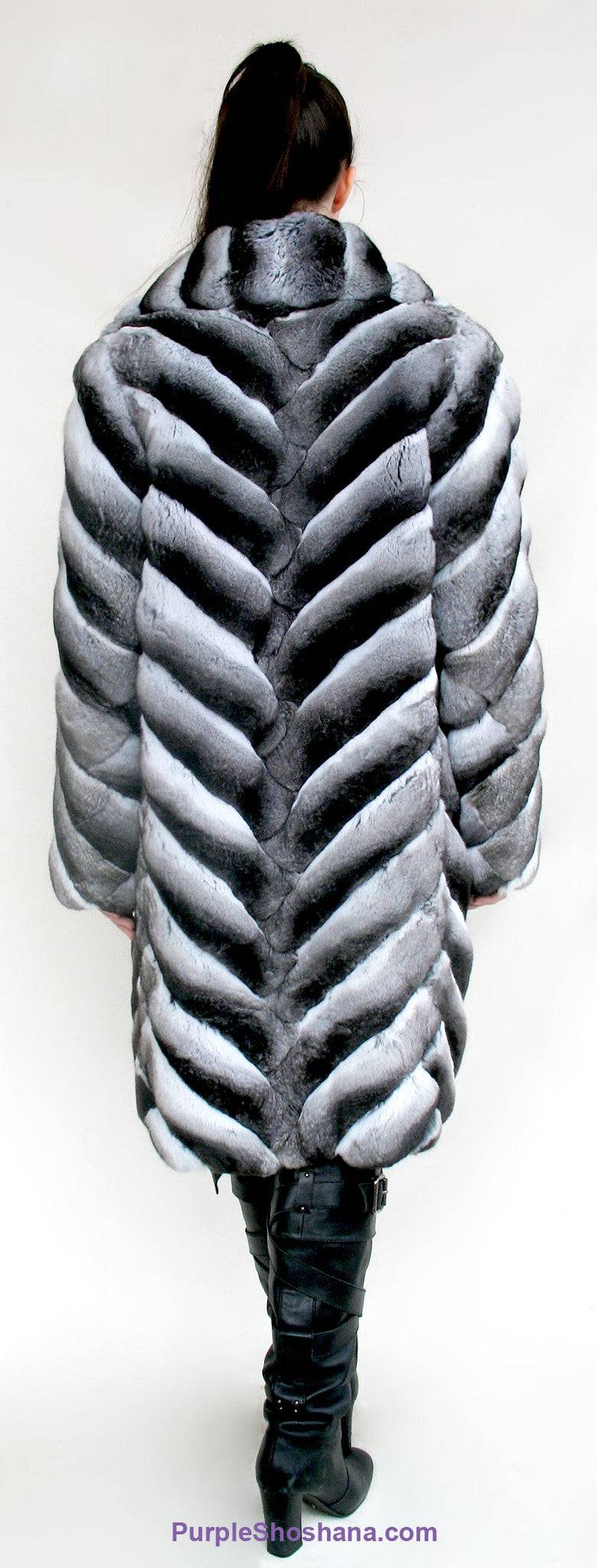 Stunning Black Velvet Genuine Chinchilla Fur Coat S/M - Purple Shoshana Furs