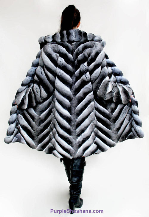 Stunning Black Velvet Genuine Chinchilla Fur Coat S/M - Purple Shoshana Furs