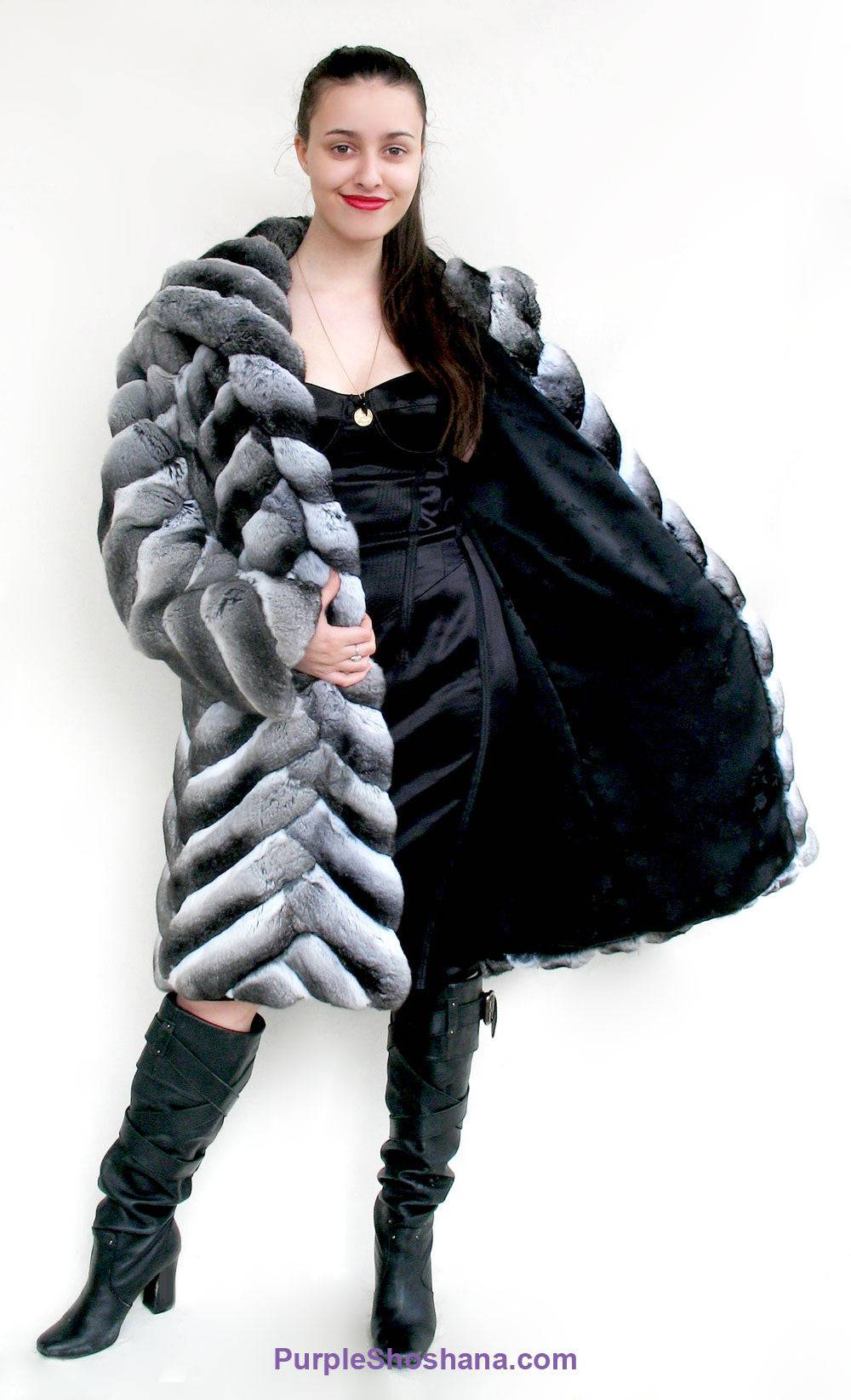 Stunning Black Velvet Genuine Chinchilla Fur Coat S/M - Purple Shoshana Furs