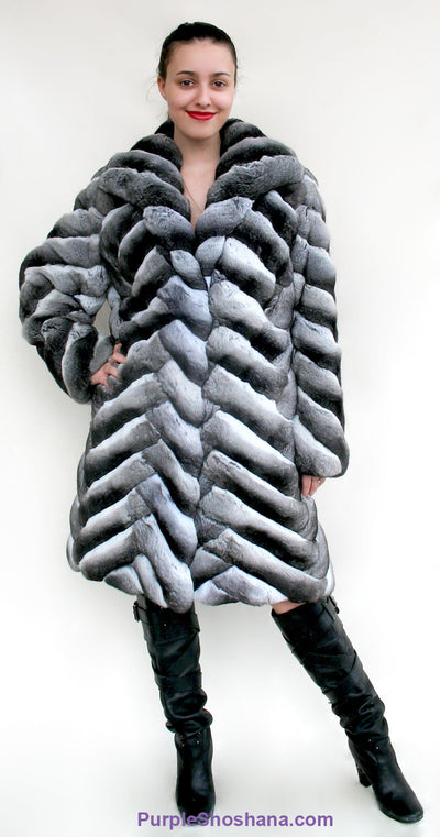 Stunning Black Velvet Genuine Chinchilla Fur Coat S/M - Purple Shoshana Furs