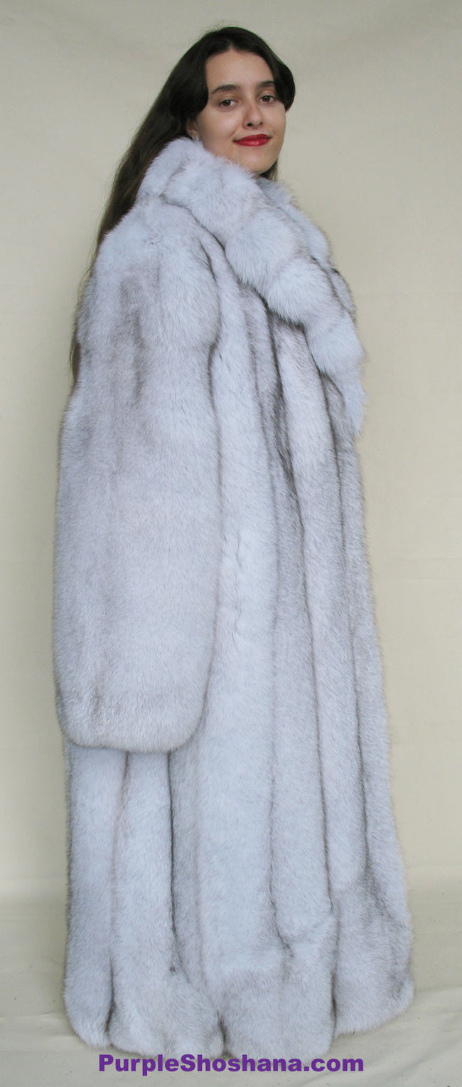 Unique Plush Solid Silver Canadian Blue Fox Fur Coat - Detachable Cape M/L