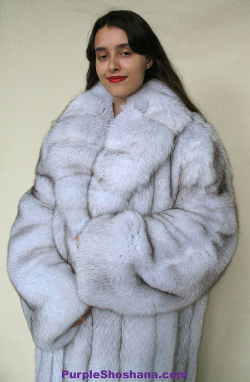 Gorgeous Plush Blue Fox Solid Silver Fur Coat Stroller M/L/XL  Made in Canada - Purple Shoshana Furs