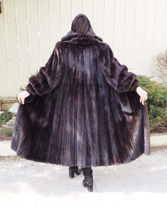 Dark Ranch Black Female Mink Fur Coat Jacket Detachable Hood And Belt M/L