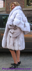 Unique Plush Solid Silver Canadian Blue Fox Fur Coat - Detachable Cape M/L - Purple Shoshana Furs