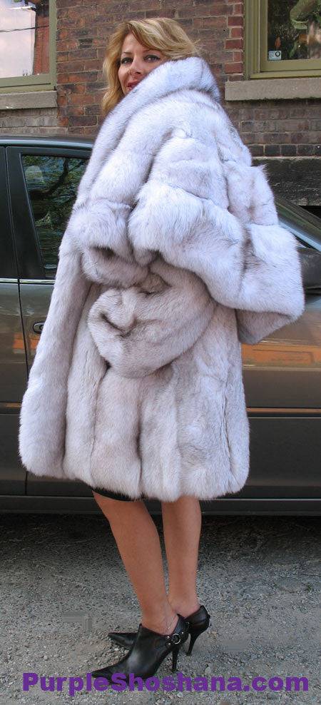 Unique Plush Solid Silver Canadian Blue Fox Fur Coat - Detachable Cape M/L - Purple Shoshana Furs