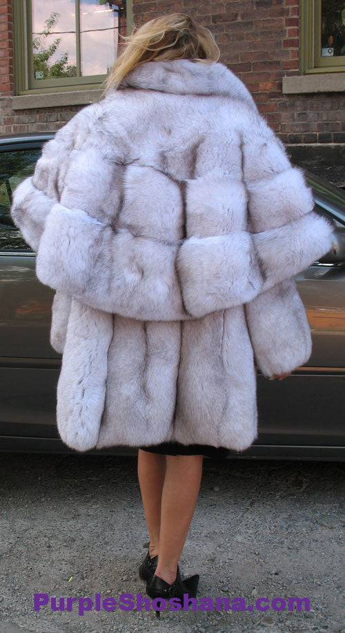 Unique Plush Solid Silver Canadian Blue Fox Fur Coat - Detachable Cape M/L - Purple Shoshana Furs
