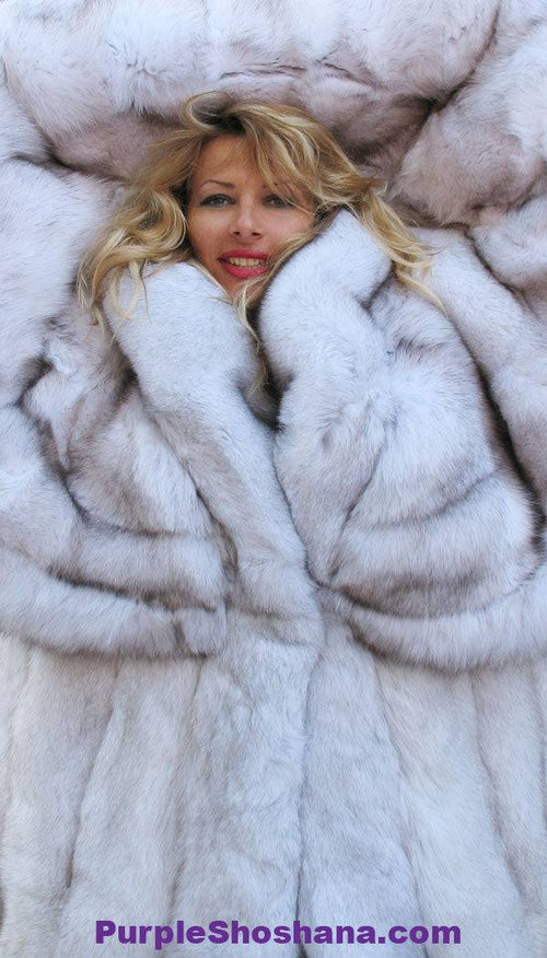 Unique Plush Solid Silver Canadian Blue Fox Fur Coat - Detachable Cape M/L - Purple Shoshana Furs