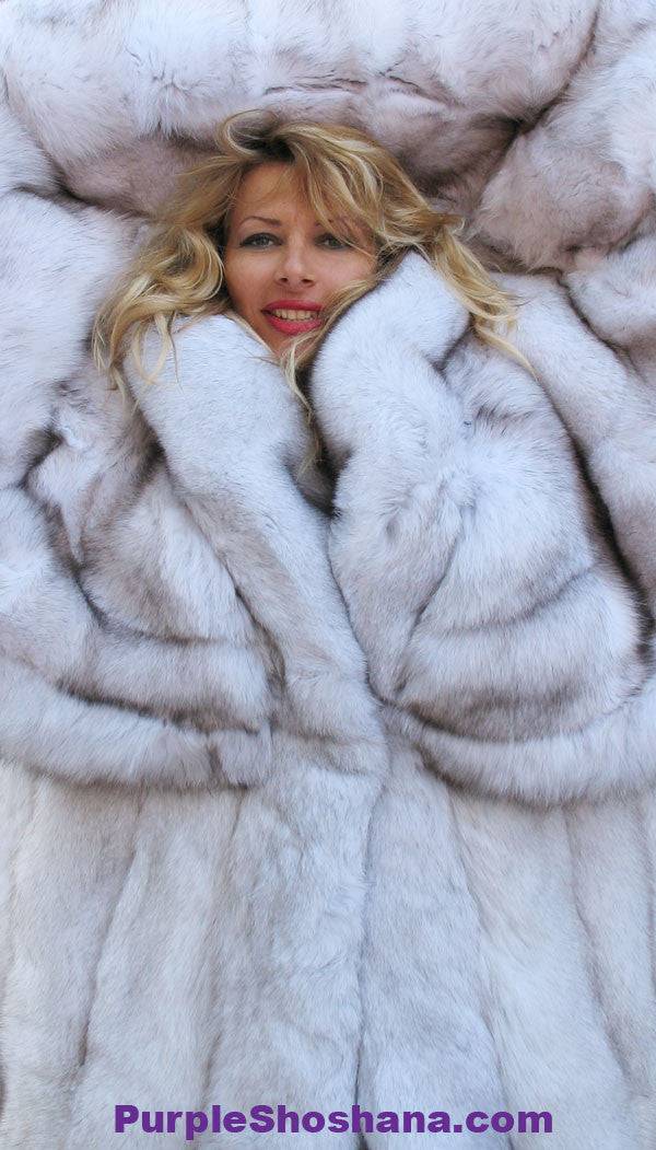 Unique Plush Solid Silver Canadian Blue Fox Fur Coat - Detachable Cape M/L - Purple Shoshana Furs