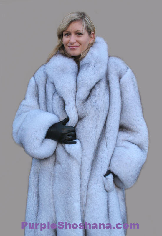 Unique Plush Solid Silver Canadian Blue Fox Fur Coat - Detachable Cape–  Purple Shoshana Furs